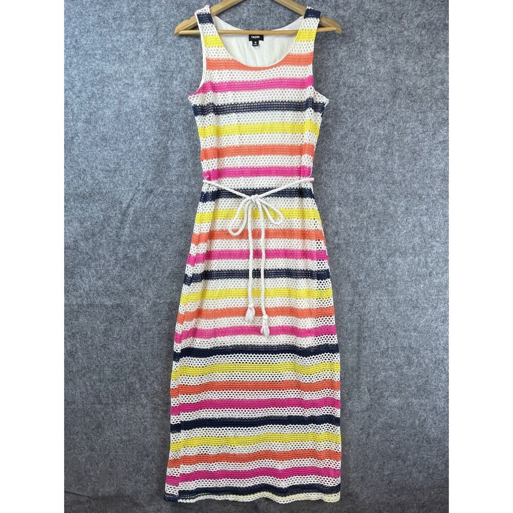 Tacera‎ Dress Womens Medium Rainbow Striped Crochet Rope Tie Summery Festival